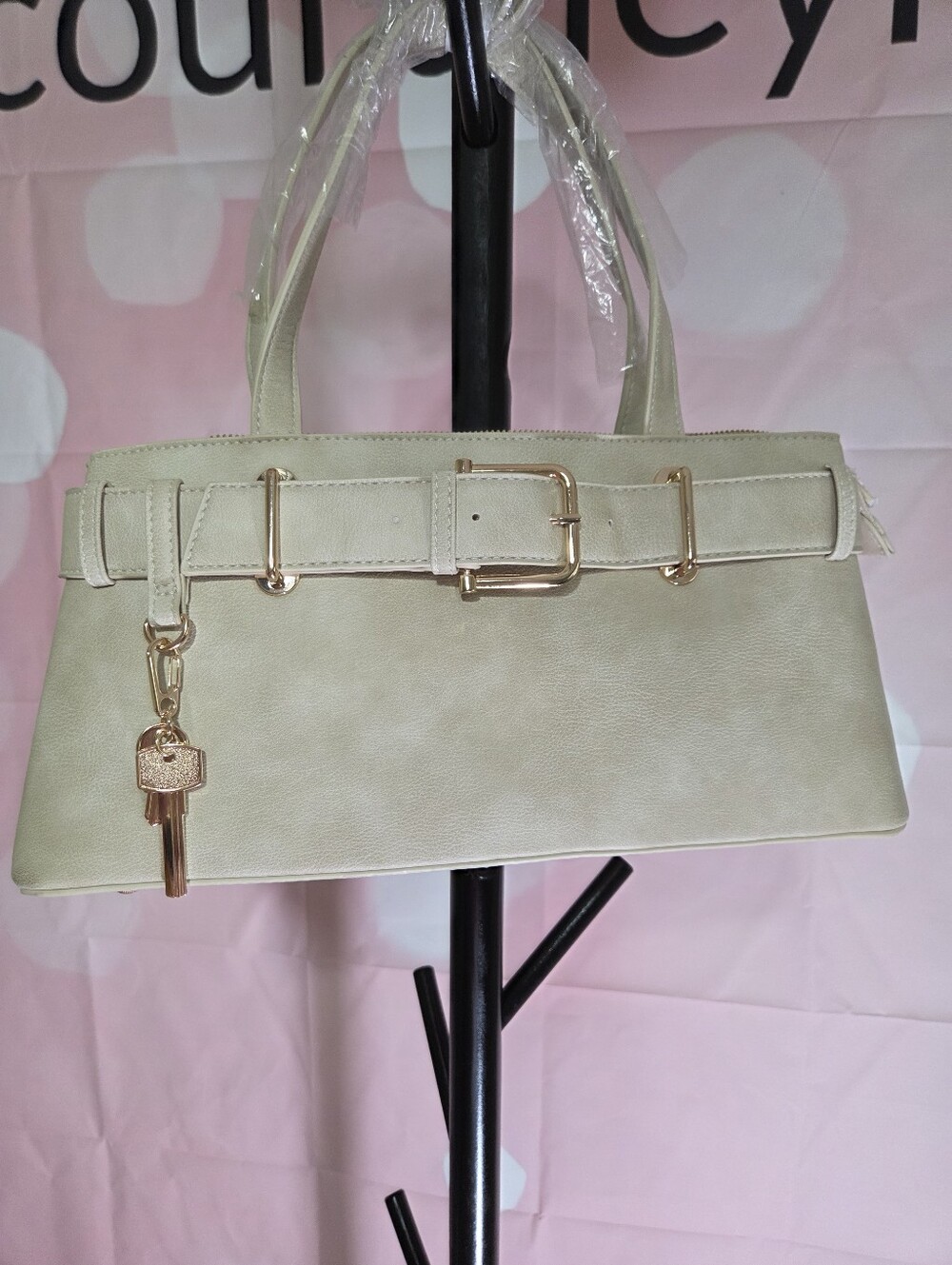 Structured Double-Handle Satchel Bag in Cream with Gold Hardware